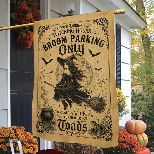 Vintage Halloween Witch Garden & House Flag, Broom Parking Only Yard Flag Spooky Season Gift For Witch Lover