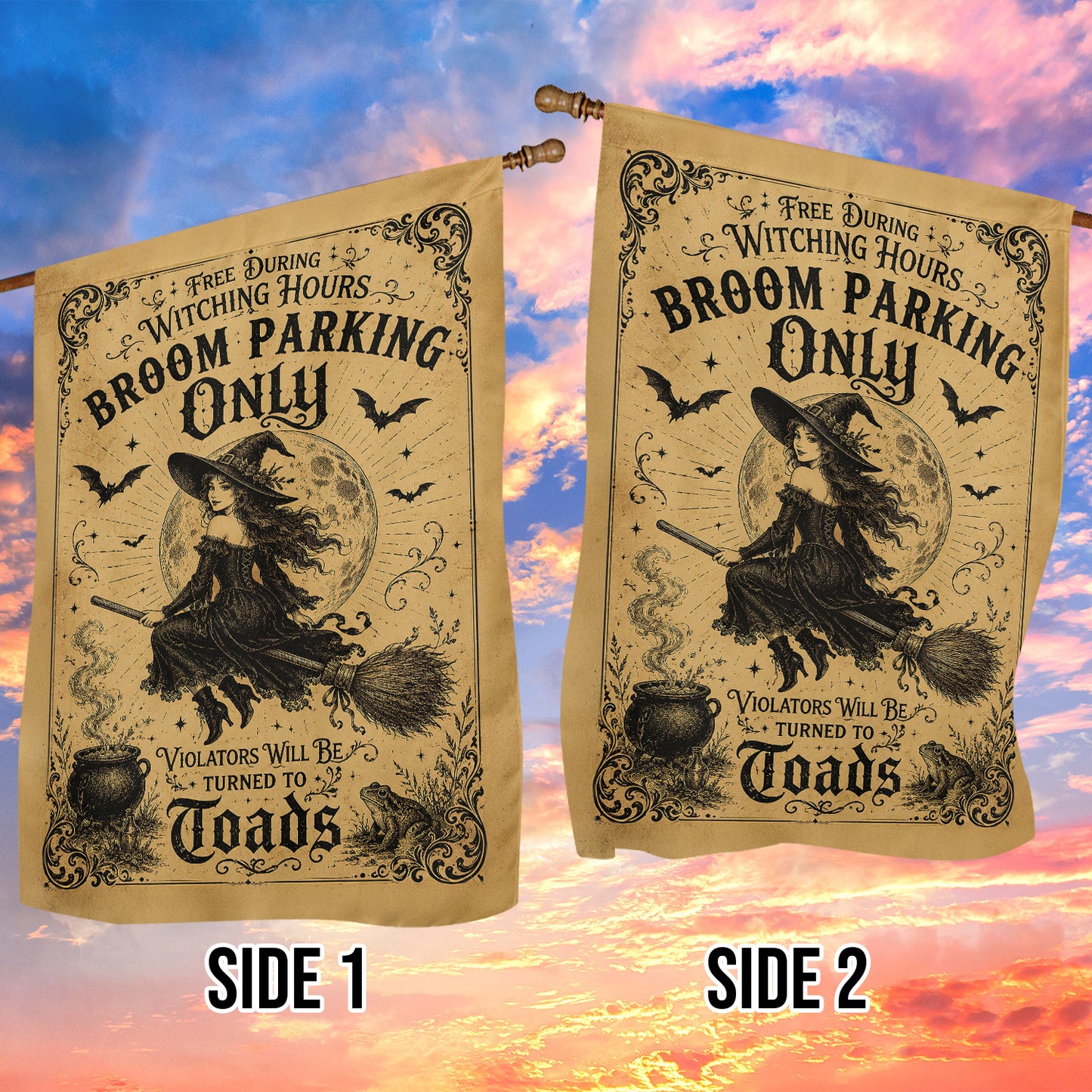 Vintage Halloween Witch Garden & House Flag, Broom Parking Only Yard Flag Spooky Season Gift For Witch Lover