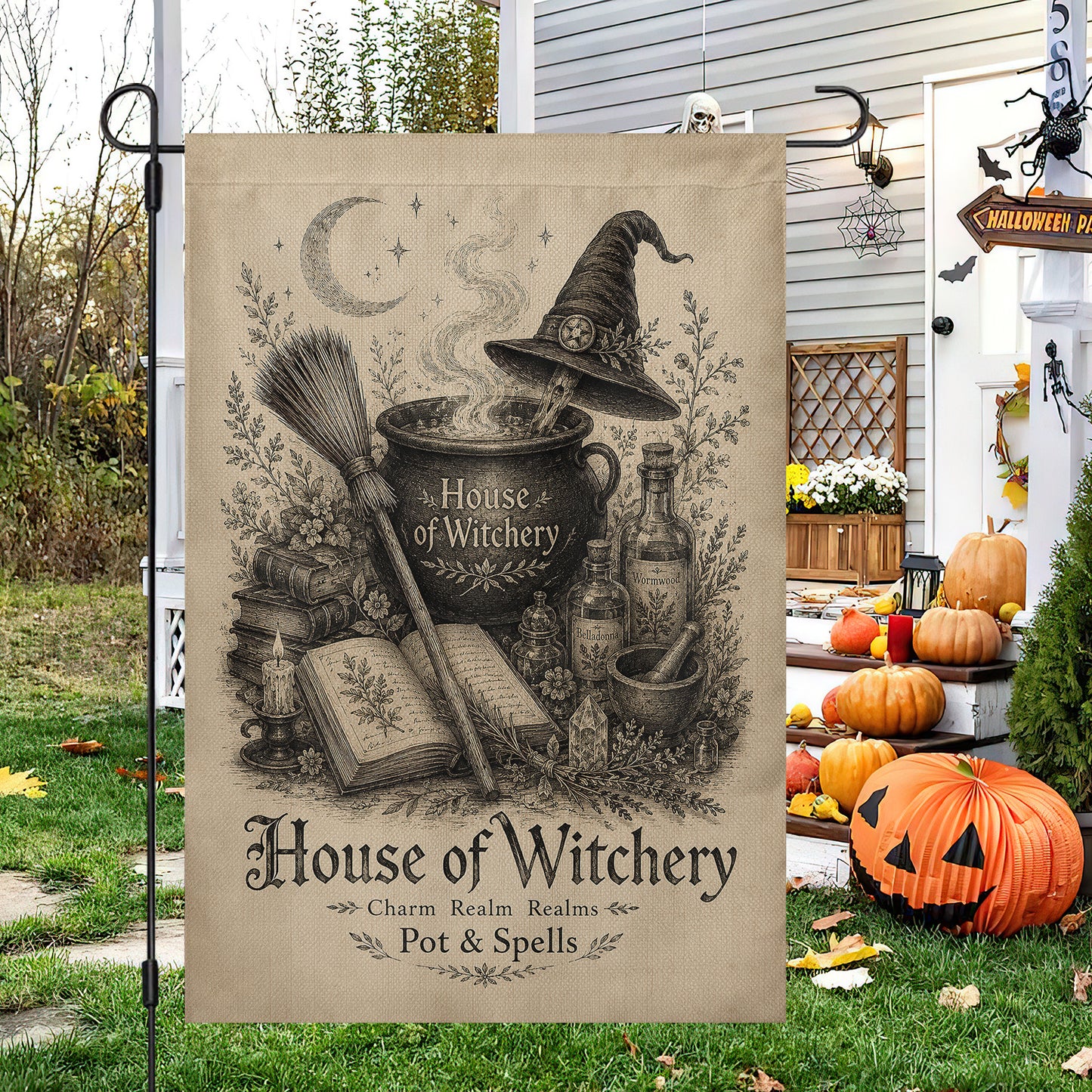 Vintage Halloween Witch Cauldron Garden & House Flag, House Of Witchery Yard Flag Spooky Season Gift For Witch Lover