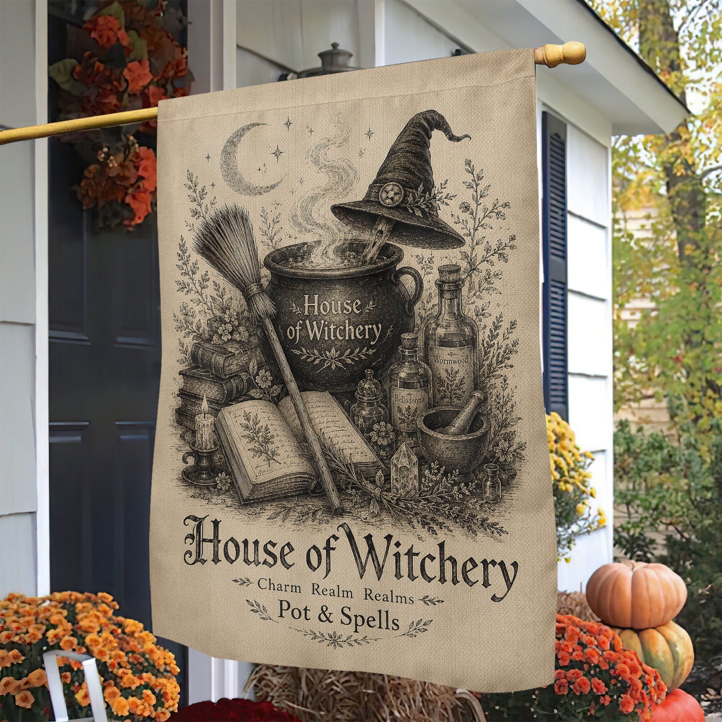 Vintage Halloween Witch Cauldron Garden & House Flag, House Of Witchery Yard Flag Spooky Season Gift For Witch Lover