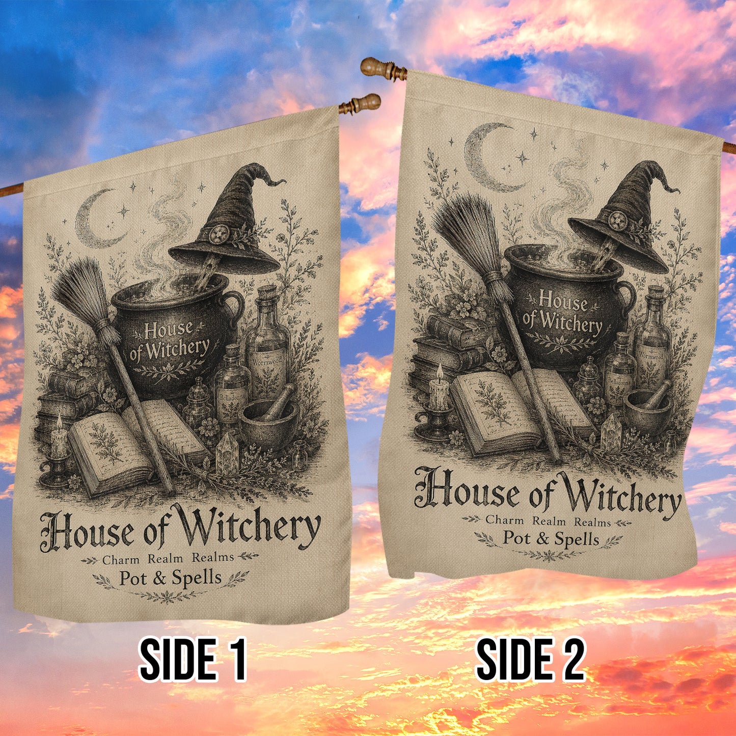 Vintage Halloween Witch Cauldron Garden & House Flag, House Of Witchery Yard Flag Spooky Season Gift For Witch Lover