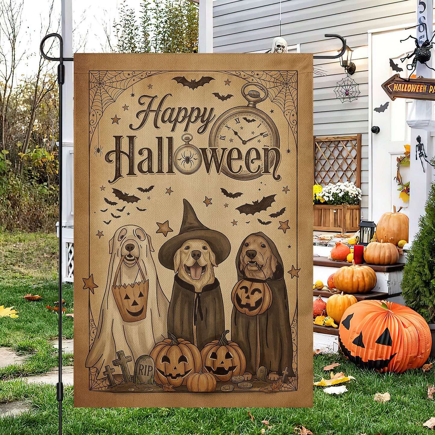 Vintage Halloween Labrador Dog Garden & House Flag, Happy Halloween Yard Flag, Spooky Season Gift For Dog Lover