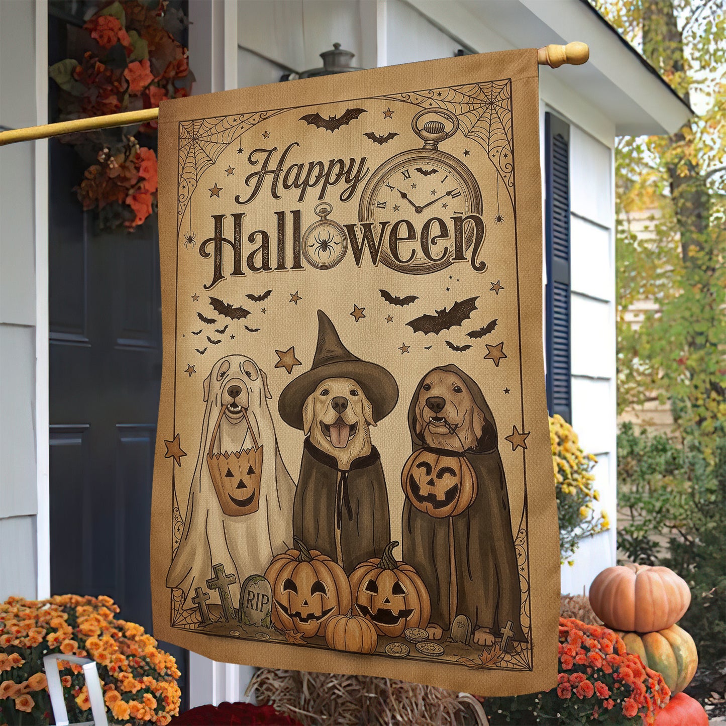 Vintage Halloween Labrador Dog Garden & House Flag, Happy Halloween Yard Flag, Spooky Season Gift For Dog Lover