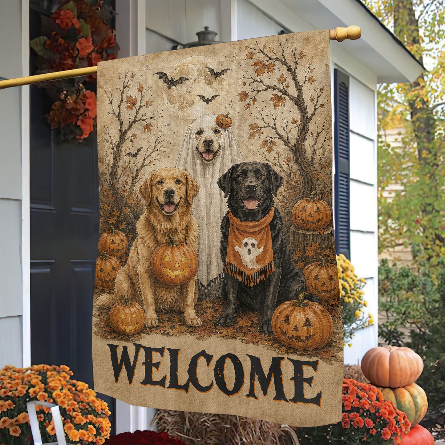 Vintage Halloween Labrador Dog Garden & House Flag, Welcome Yard Flag, Spooky Season Gift For Dog Lover