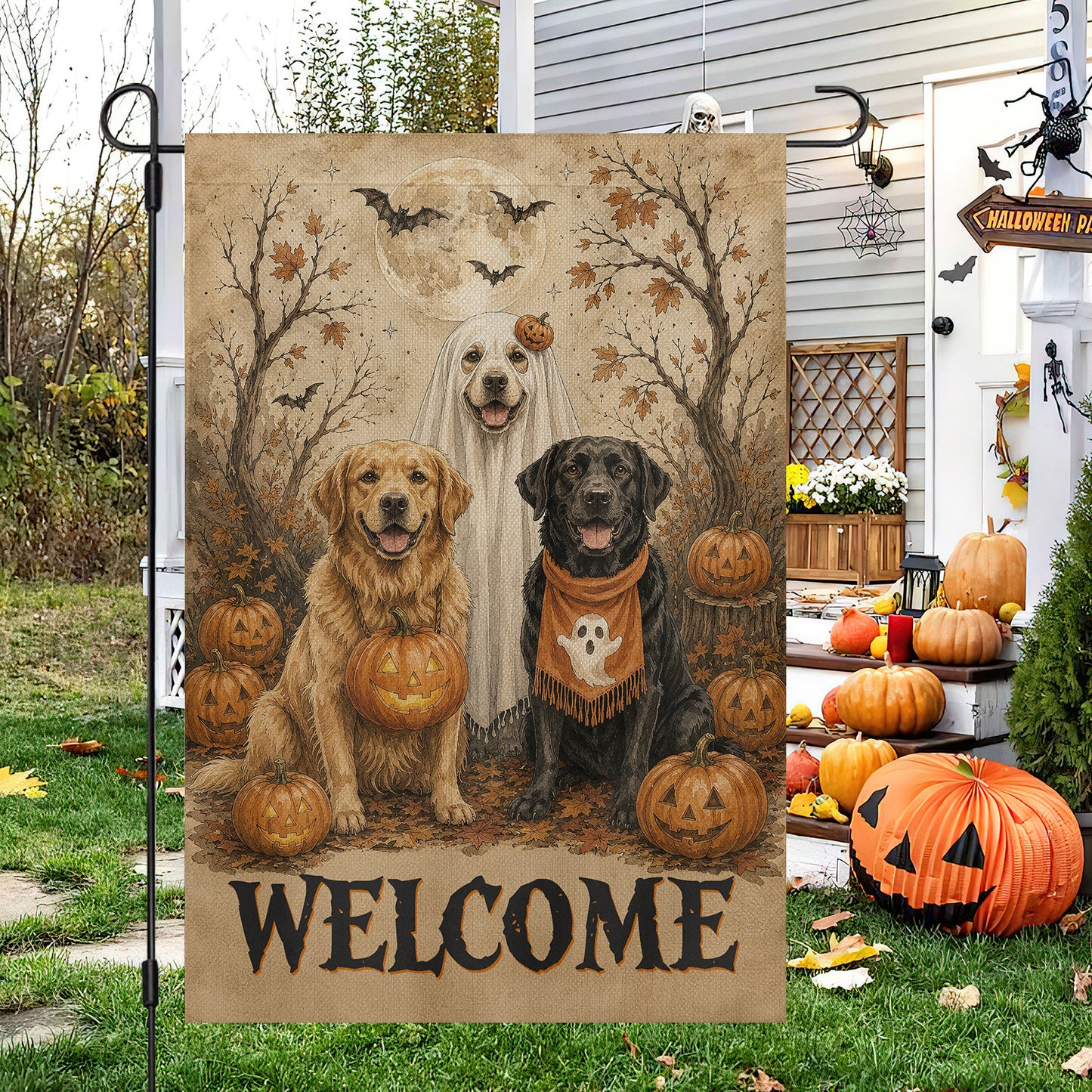 Vintage Halloween Labrador Dog Garden & House Flag, Welcome Yard Flag, Spooky Season Gift For Dog Lover