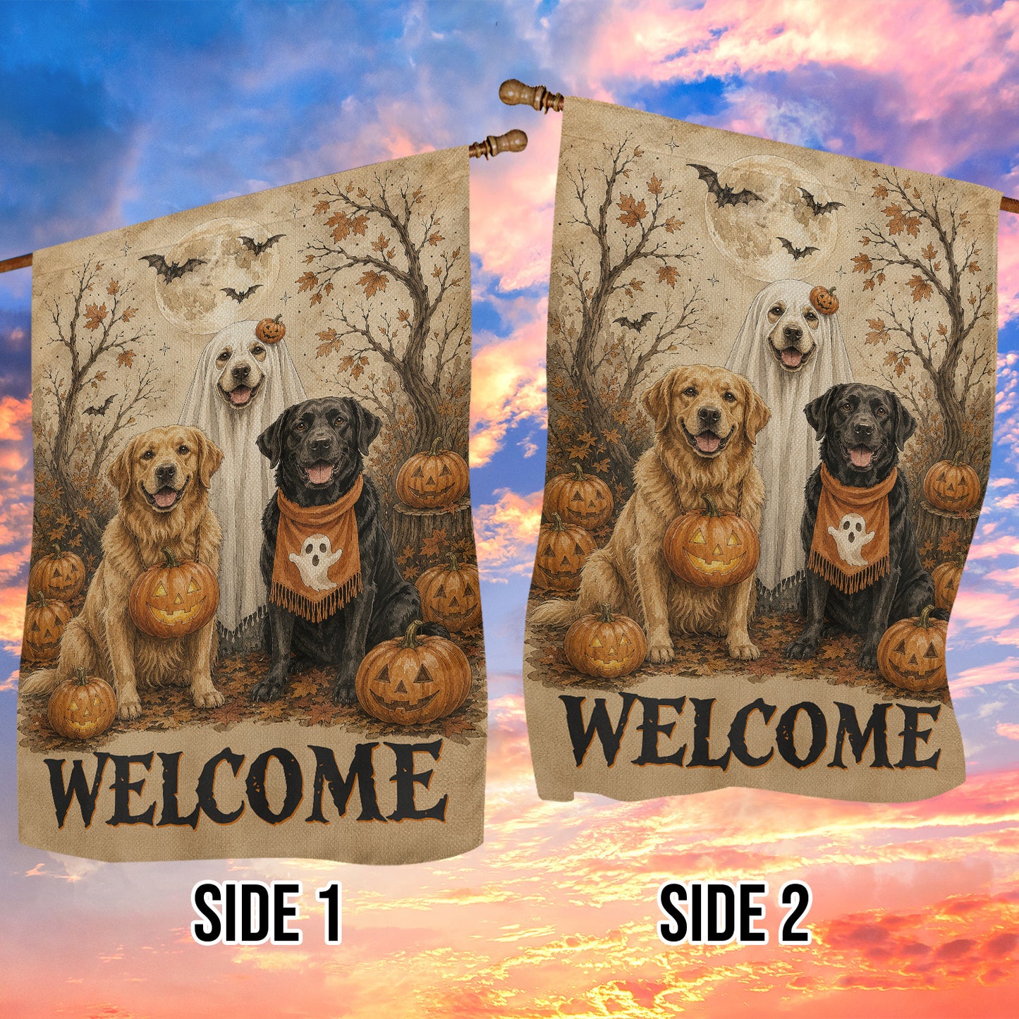 Vintage Halloween Labrador Dog Garden & House Flag, Welcome Yard Flag, Spooky Season Gift For Dog Lover