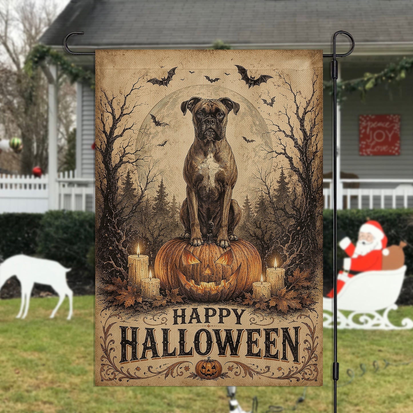 Vintage Halloween Pitbull Dog Garden & House Flag, Happy Halloween Yard Flag, Spooky Season Gift For Dog Lover