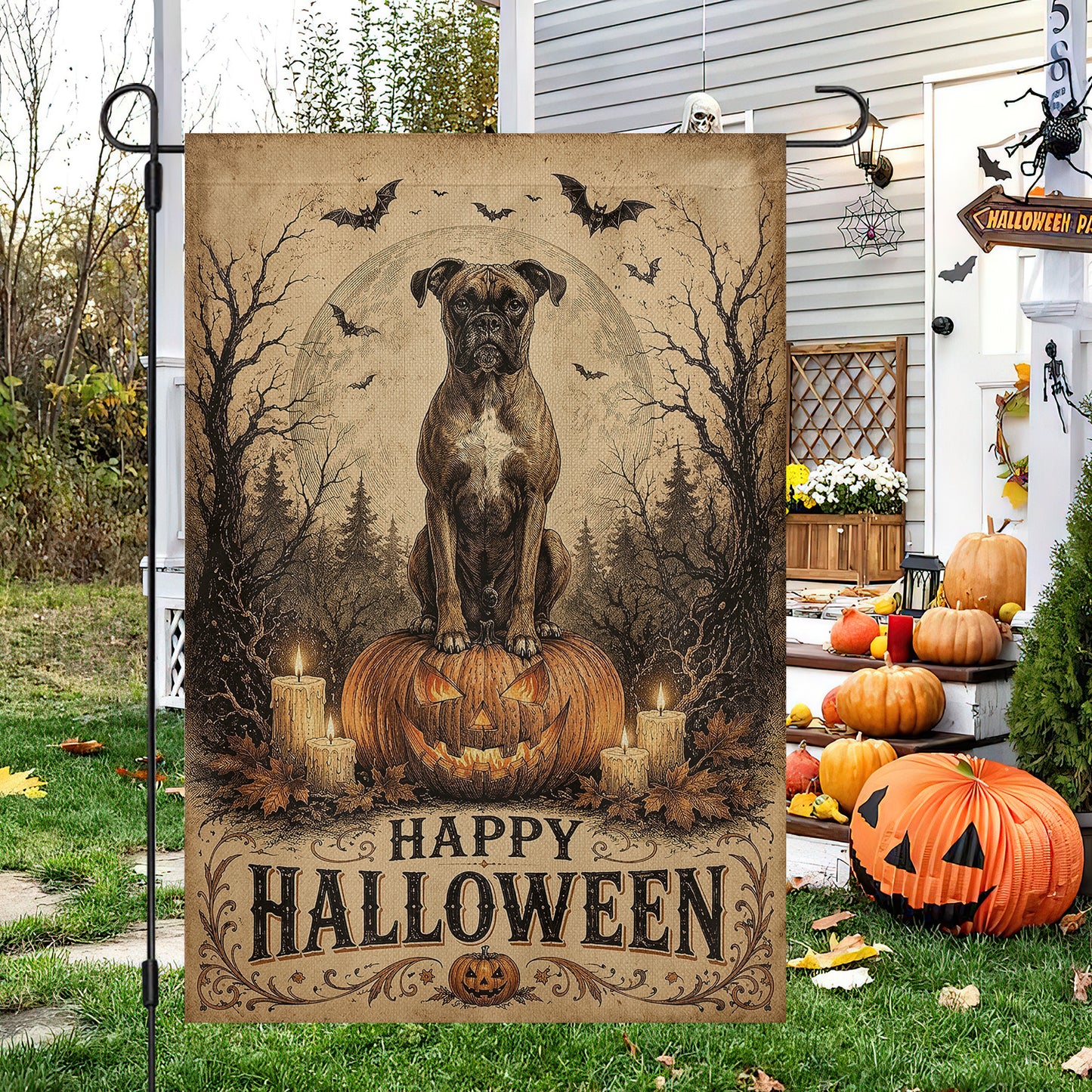 Vintage Halloween Pitbull Dog Garden & House Flag, Happy Halloween Yard Flag, Spooky Season Gift For Dog Lover