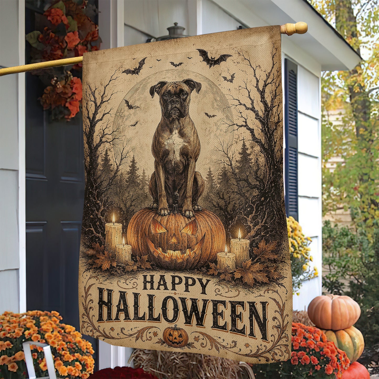 Vintage Halloween Pitbull Dog Garden & House Flag, Happy Halloween Yard Flag, Spooky Season Gift For Dog Lover