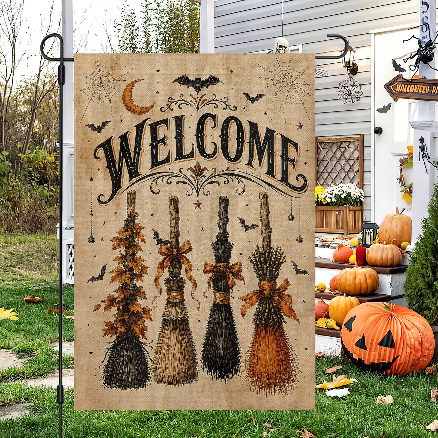 Halloween Witch Broom Garden & House Flag, Welcome Yard Flag Spooky Season Gift For Witch Lover