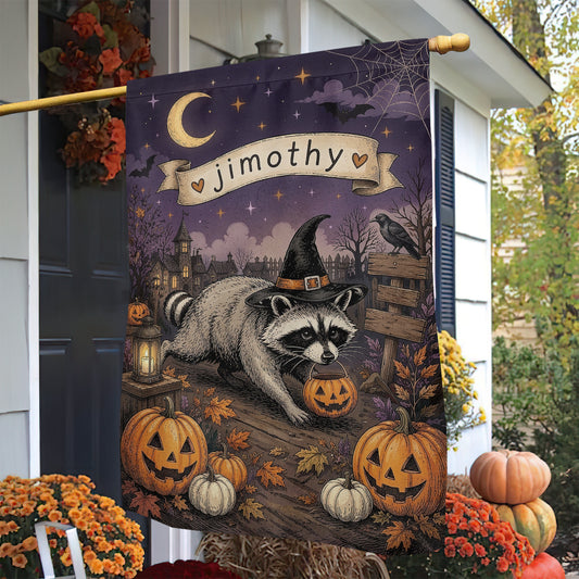 Funny Halloween Witch Raccoon Garden & House Flag, Jimothy Viral Raccoon Meme Yard Flag Spooky Season Gift For Raccoon Lover