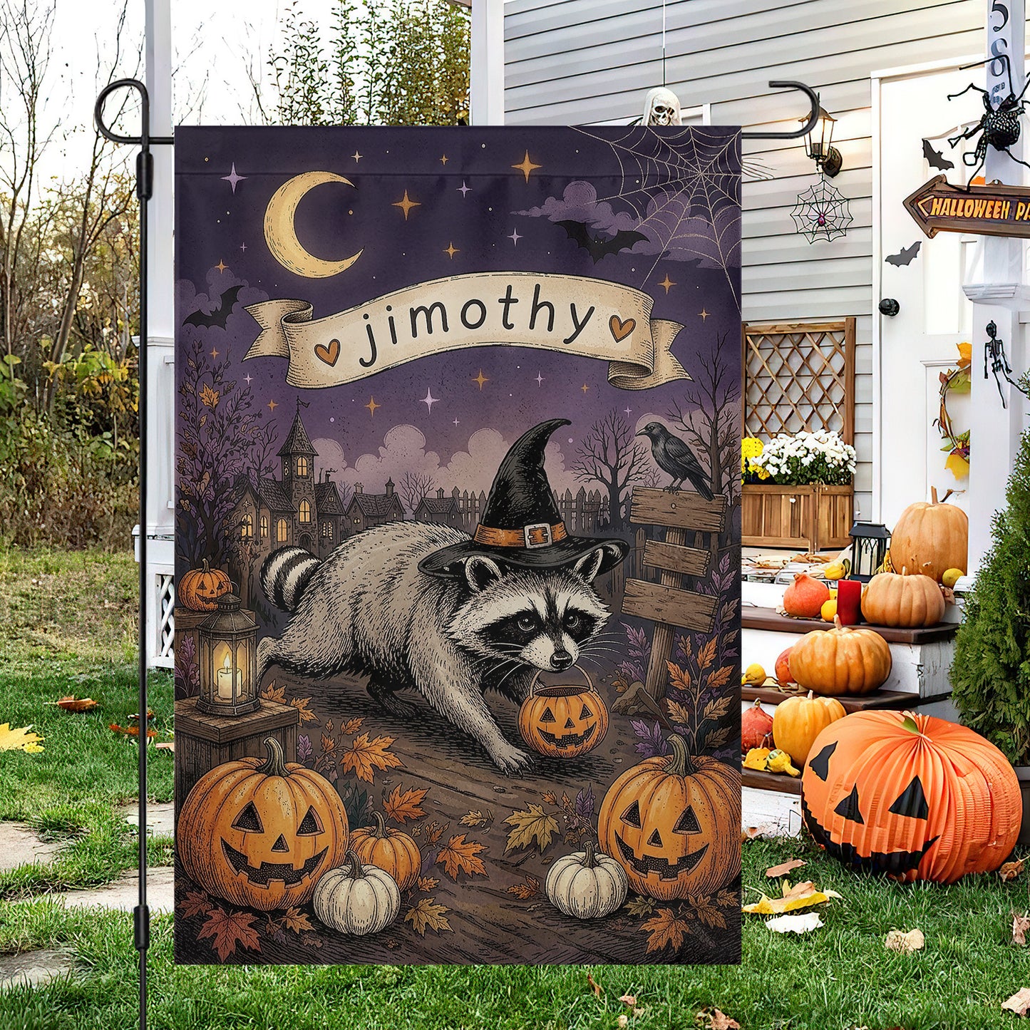 Funny Halloween Witch Raccoon Garden & House Flag, Jimothy Viral Raccoon Meme Yard Flag Spooky Season Gift For Raccoon Lover