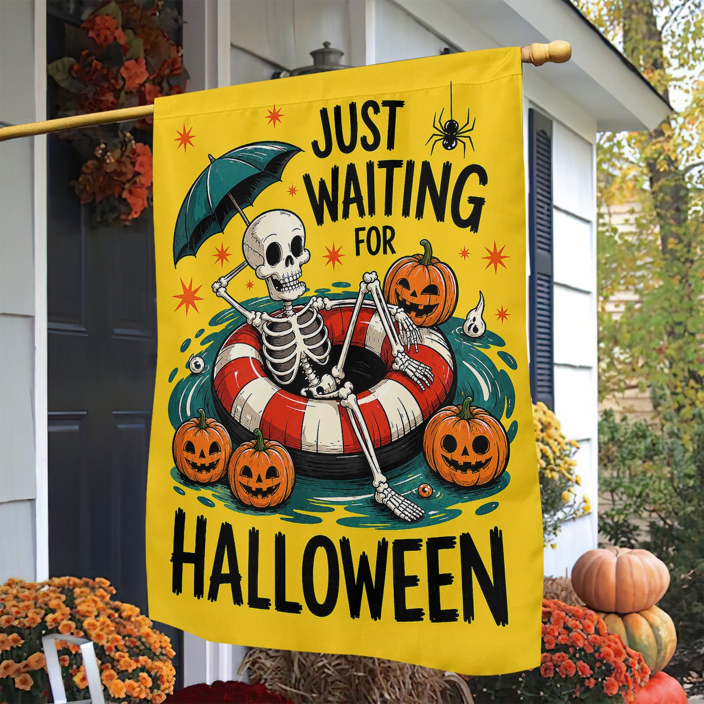 Just Waiting For Halloween Garden & House Flag, Funny Halloween Skeleton Pool Swimming Yard Flag Spooky Season Gift For Skeleton Lover