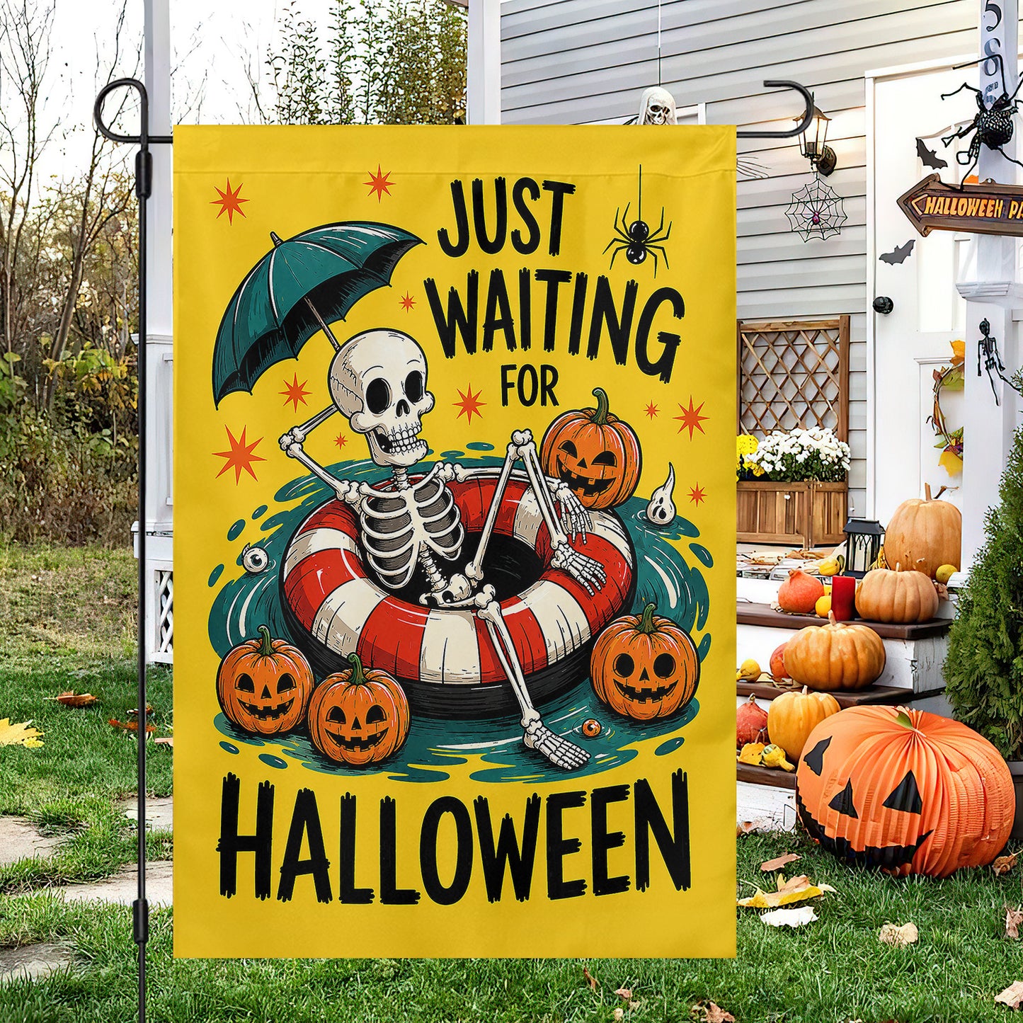 Just Waiting For Halloween Garden & House Flag, Funny Halloween Skeleton Pool Swimming Yard Flag Spooky Season Gift For Skeleton Lover