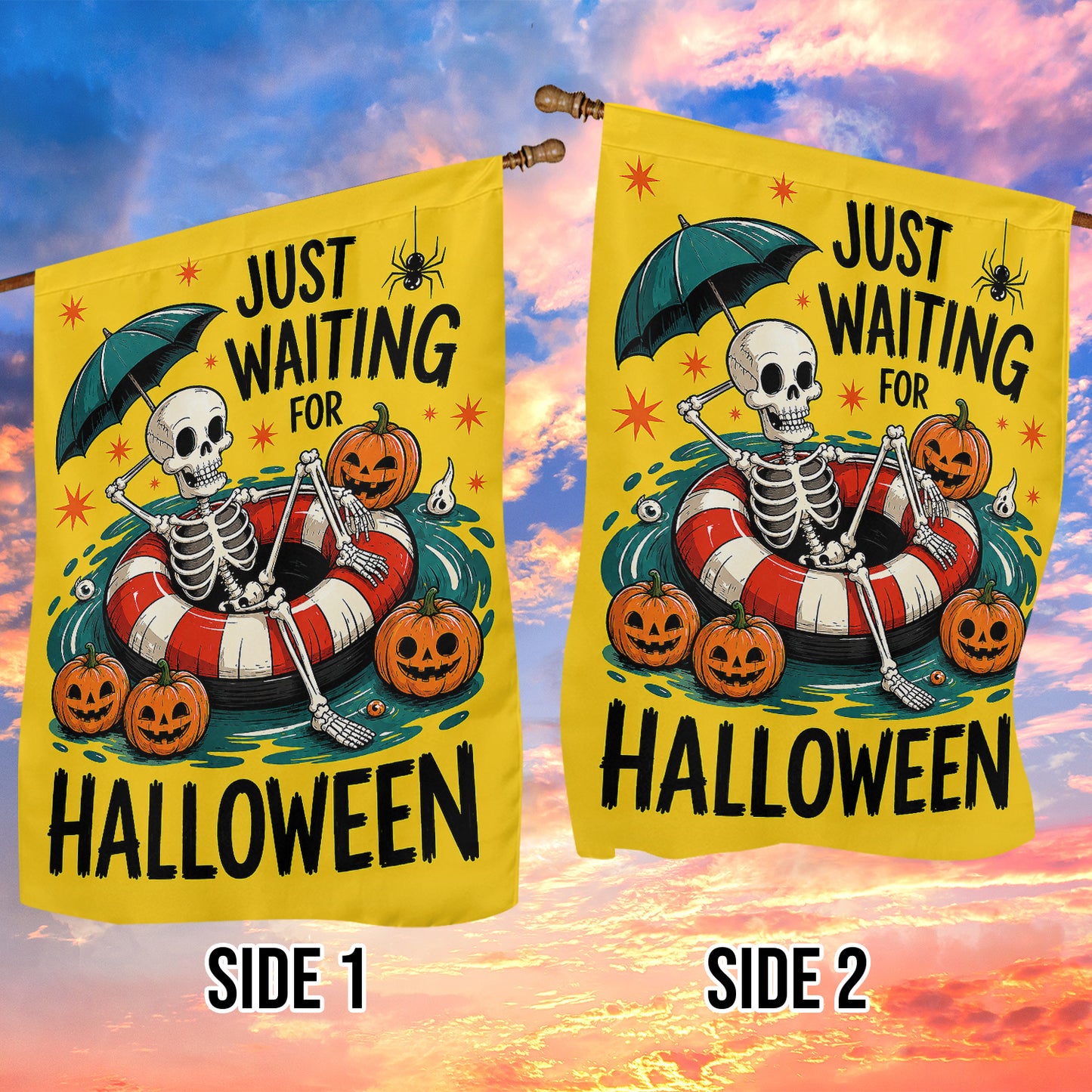 Just Waiting For Halloween Garden & House Flag, Funny Halloween Skeleton Pool Swimming Yard Flag Spooky Season Gift For Skeleton Lover