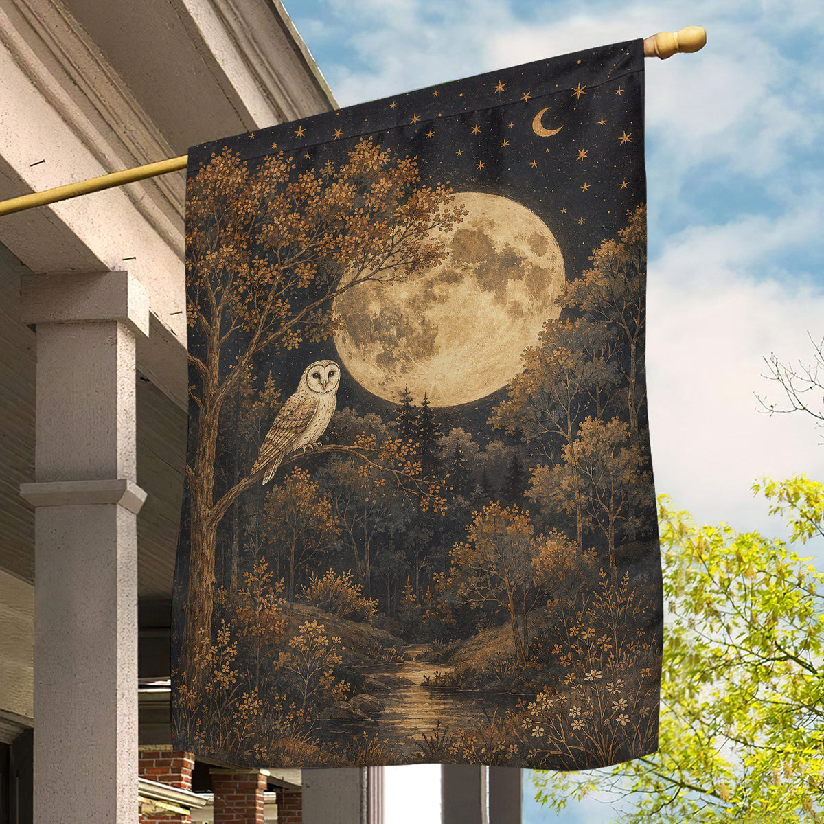 Vintage Halloween Owl Garden & House Flag, Guardian Of The Moon Yard Flag, Spooky Season Gift For Owl Lover