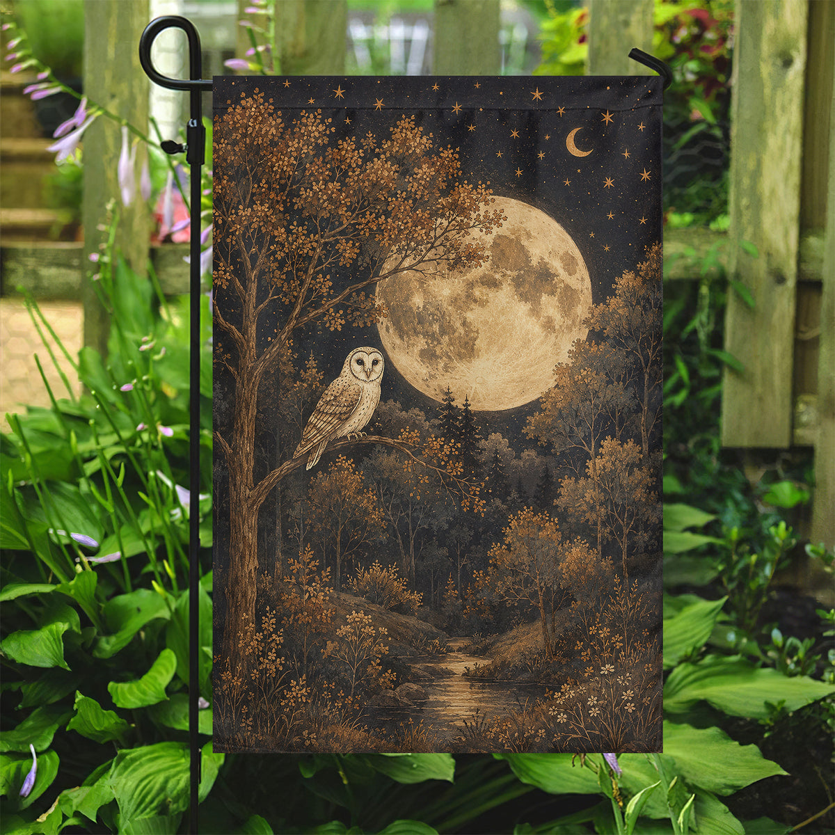 Vintage Halloween Owl Garden & House Flag, Guardian Of The Moon Yard Flag, Spooky Season Gift For Owl Lover