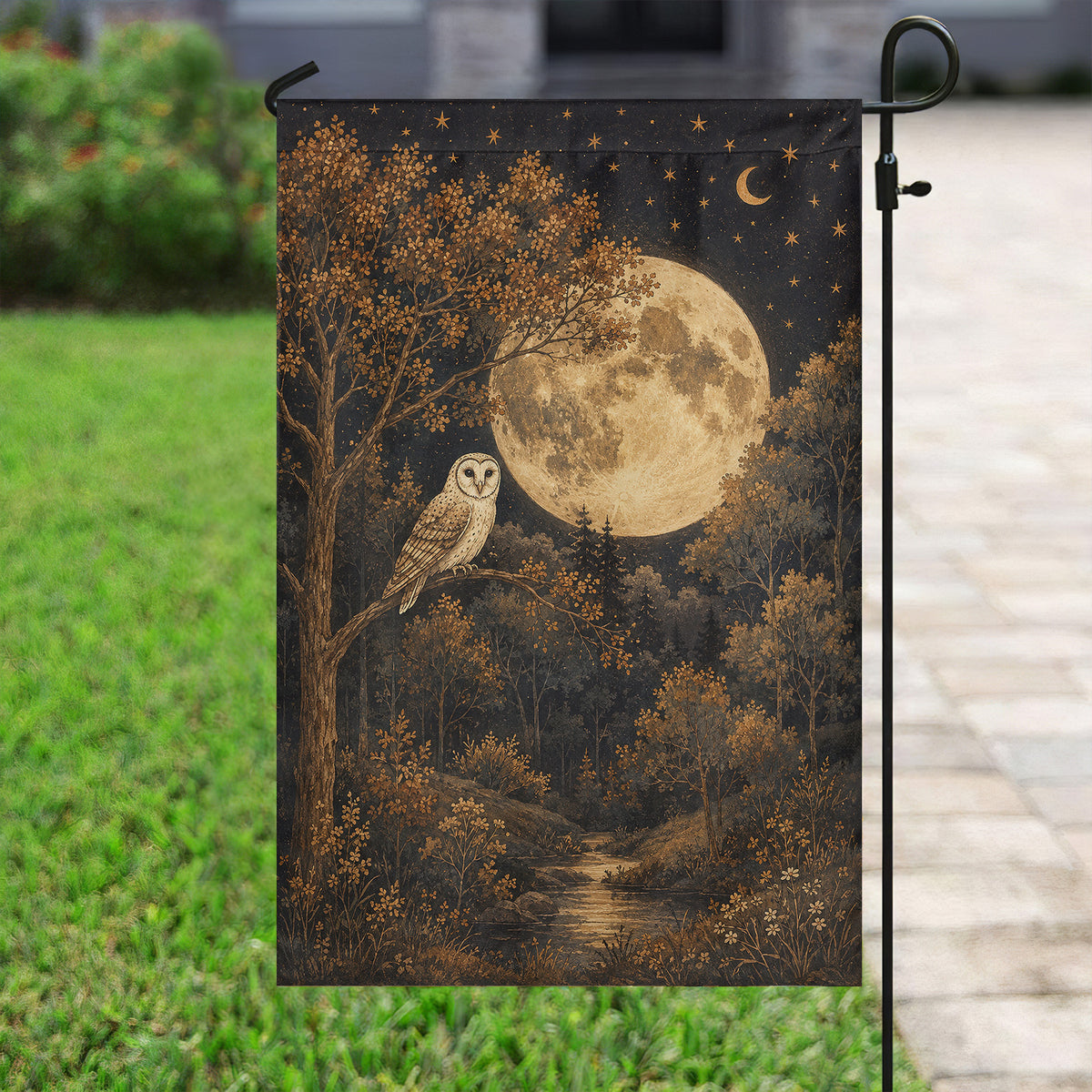 Vintage Halloween Owl Garden & House Flag, Guardian Of The Moon Yard Flag, Spooky Season Gift For Owl Lover