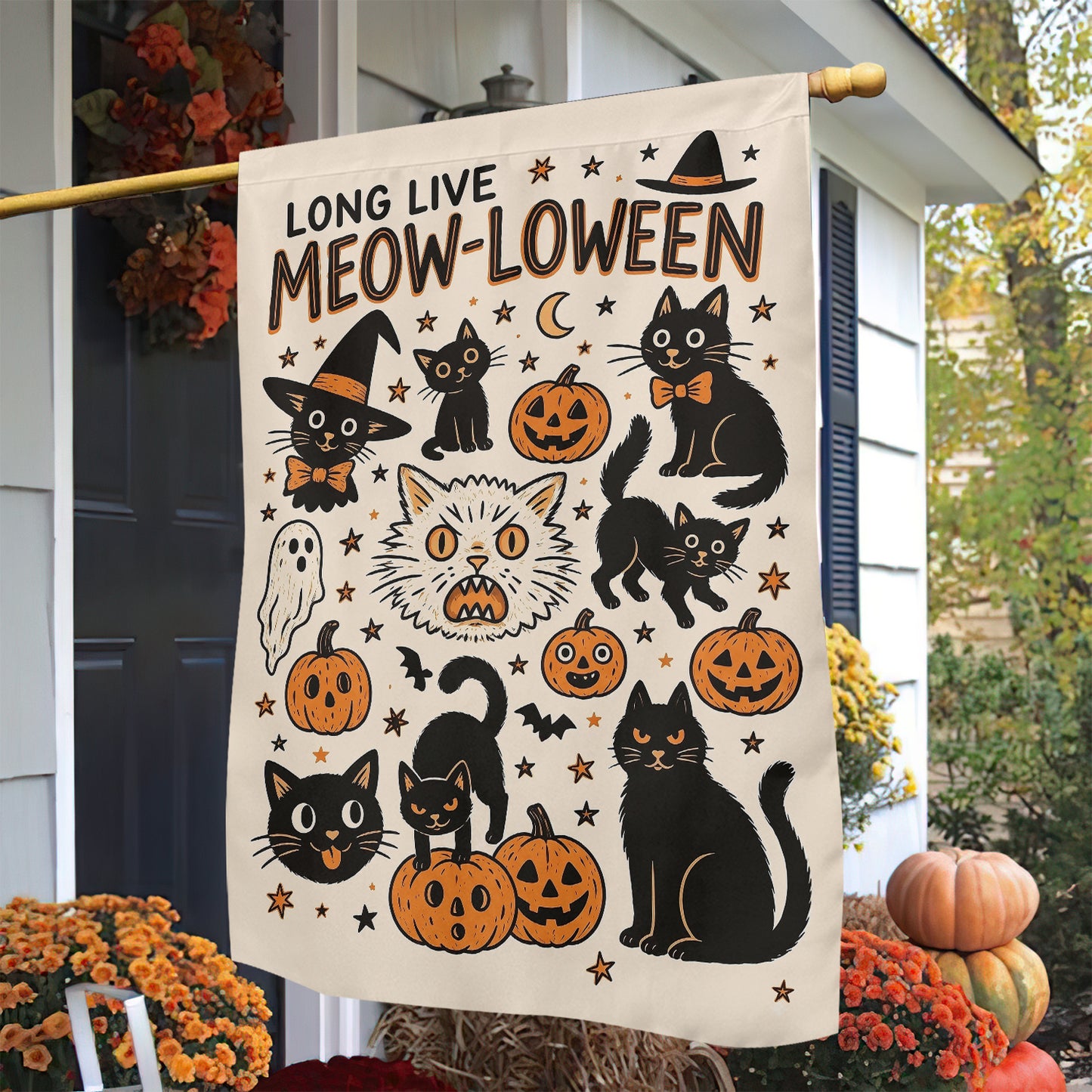 Vintage Halloween Black Cat Garden & House Flag, Long Live Meow-Loween Yard Flag, Funny Spooky Season Gift For Cat Lover