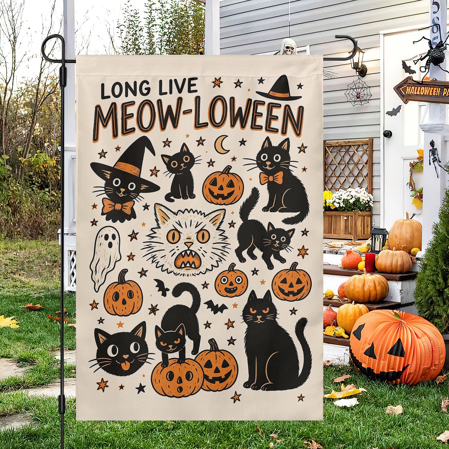 Vintage Halloween Black Cat Garden & House Flag, Long Live Meow-Loween Yard Flag, Funny Spooky Season Gift For Cat Lover