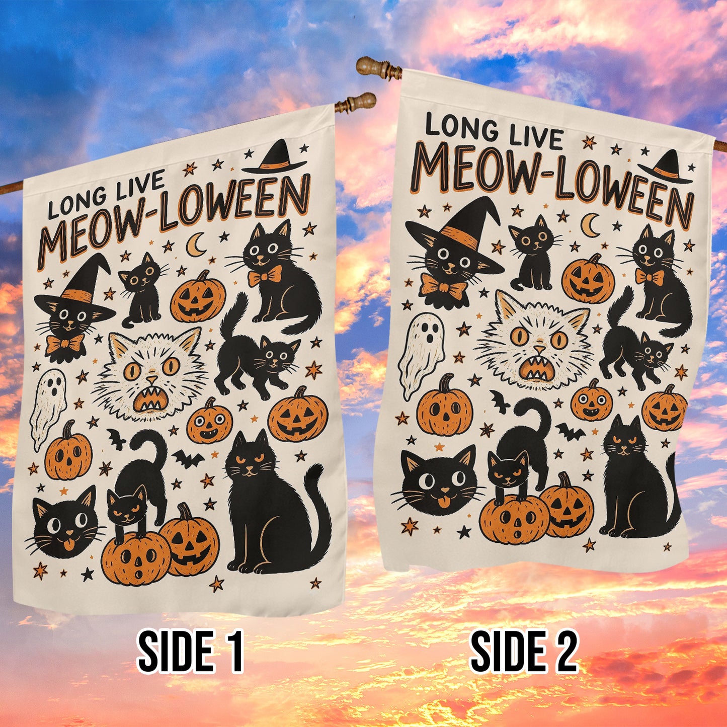 Vintage Halloween Black Cat Garden & House Flag, Long Live Meow-Loween Yard Flag, Funny Spooky Season Gift For Cat Lover
