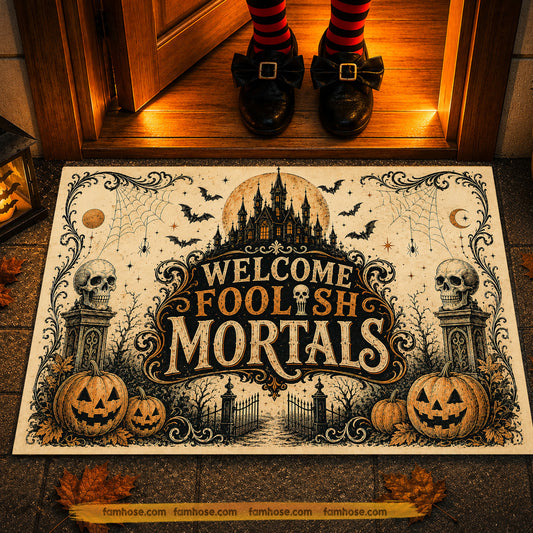 Vintage Halloween Haunted House Skull Pumpkin Doormat, Welcome Foolish Mortals Doormat For Home Decor Housewarming Spooky Season Gift