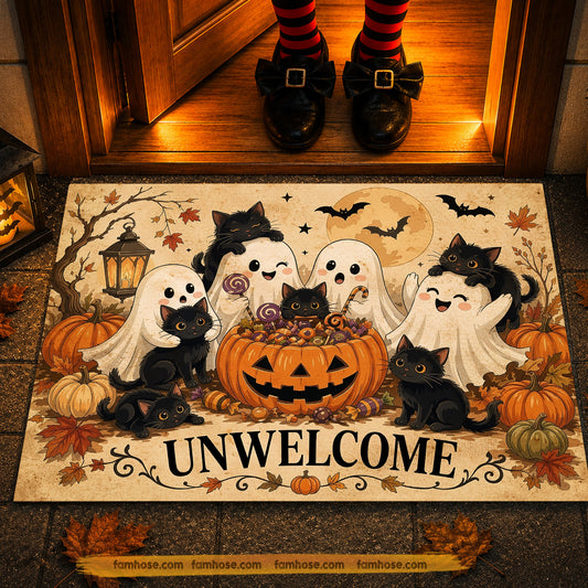 Vintage Halloween Boo & Black Cat Doormat, Funny Unwelcome Doormat For Home Decor Housewarming Spooky Season Gift For Cat Lover