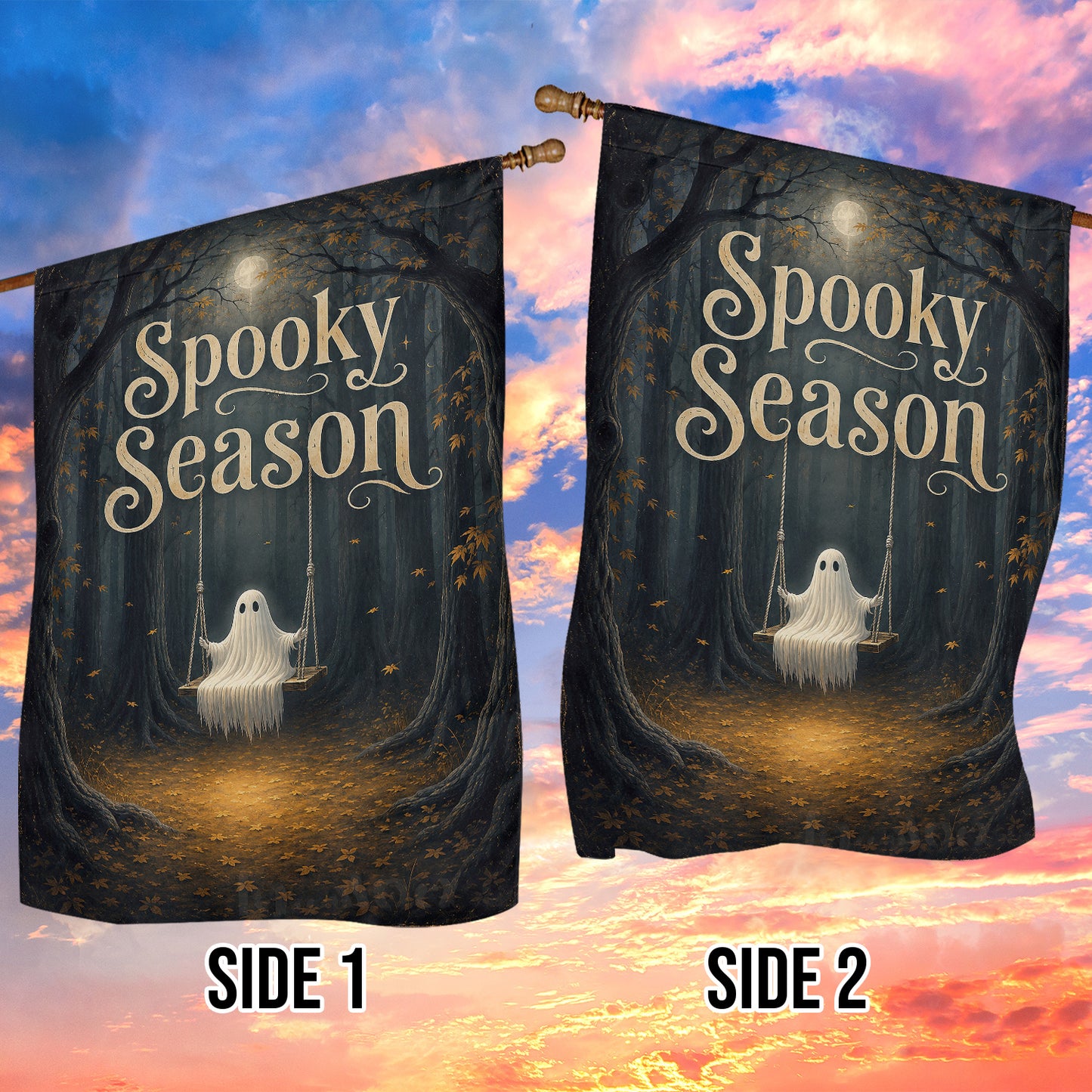 Vintage Halloween Spooky Season Ghost Garden & House Flag, Ghost On Swing Yard Flag Gift For Ghost Lover