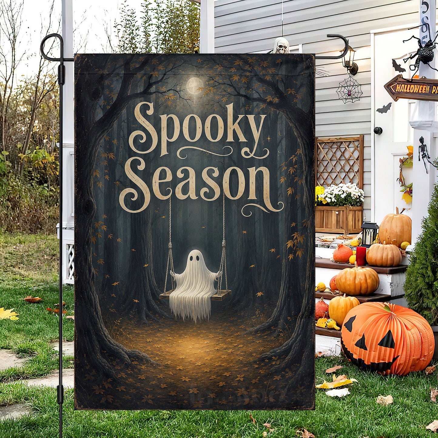 Vintage Halloween Spooky Season Ghost Garden & House Flag, Ghost On Swing Yard Flag Gift For Ghost Lover