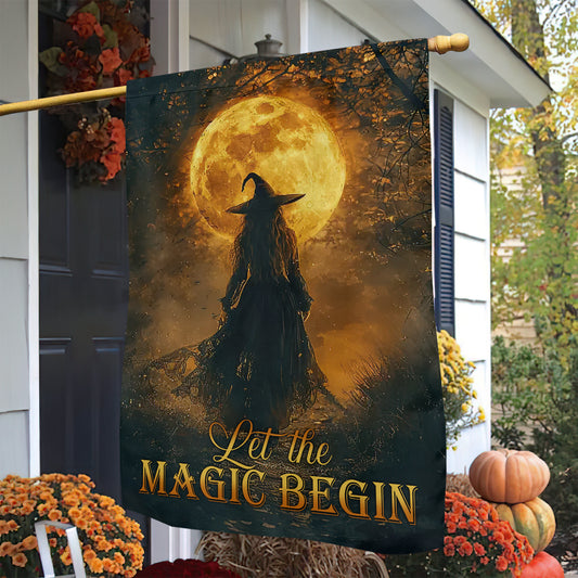 Halloween Witch Full Moon Garden & House Flag, Let The Magic Begin Yard Flag Spooky Season Gift For Witch Lover