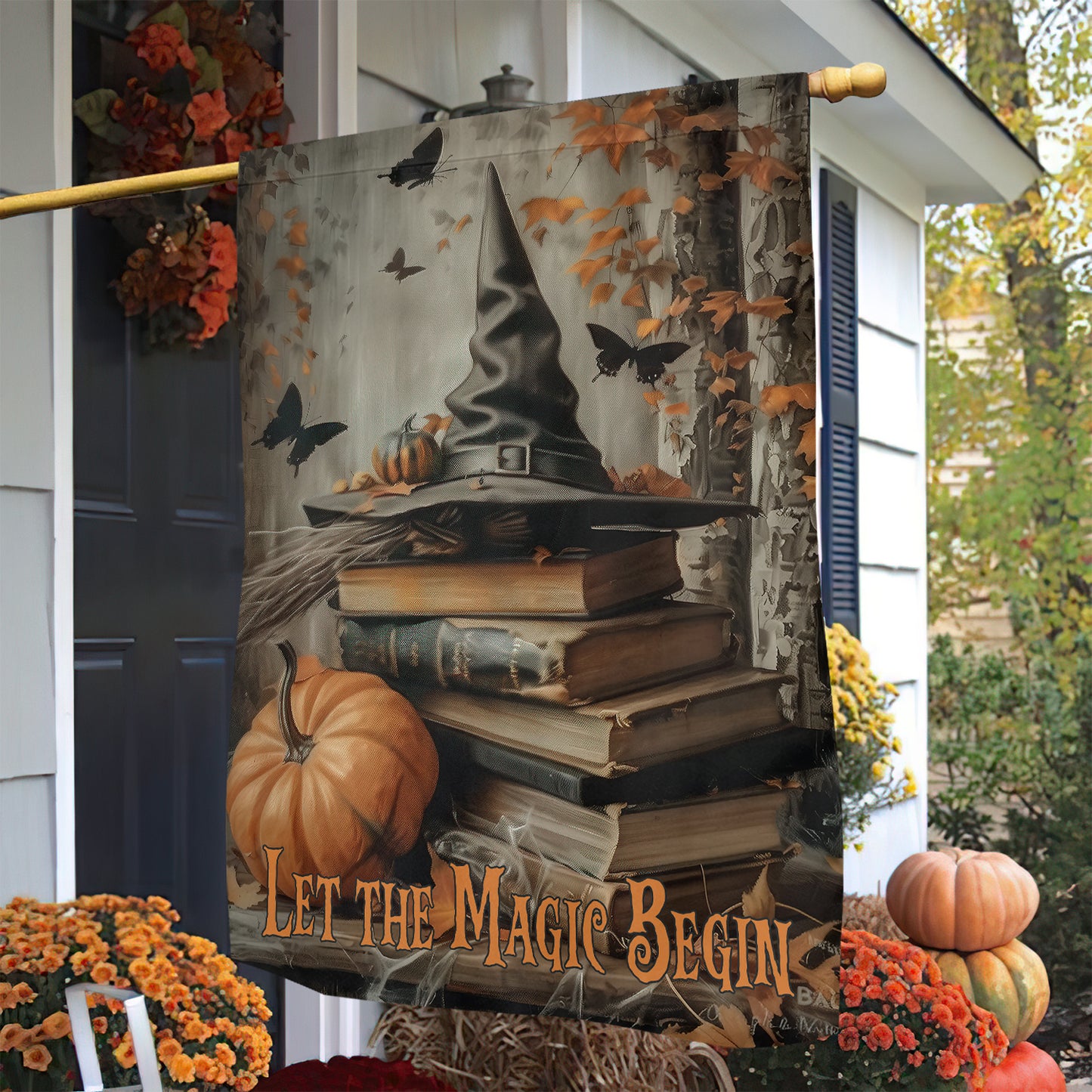 Halloween Witch Hat Books Garden & House Flag, Let The Magic Begin Yard Flag Spooky Season Gift For Witch Lover