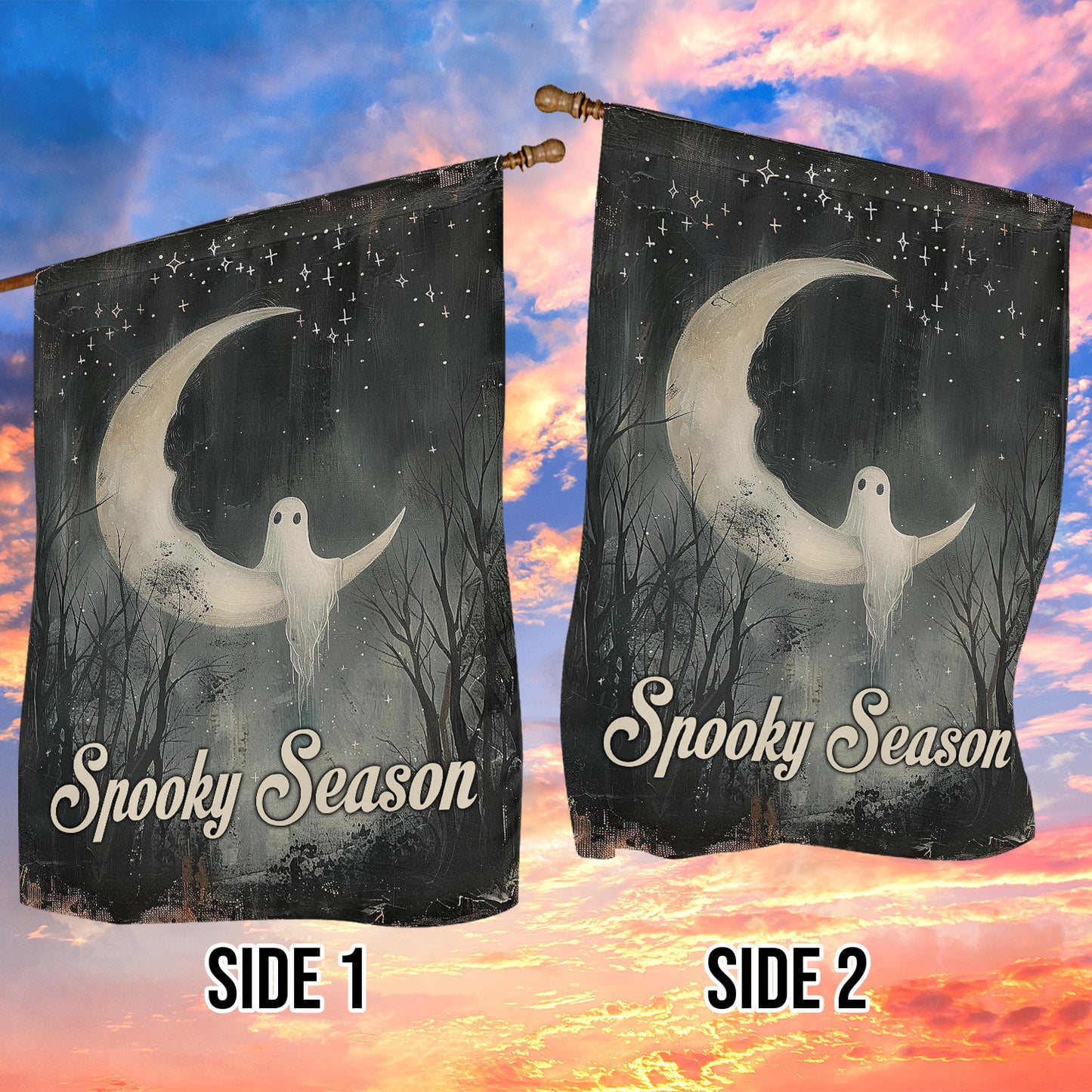 Vintage Halloween Spooky Season Ghost Garden & House Flag, Crescent Moon Yard Flag Gift For Ghost Lover