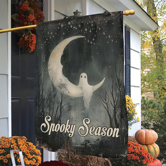 Vintage Halloween Spooky Season Ghost Garden & House Flag, Crescent Moon Yard Flag Gift For Ghost Lover