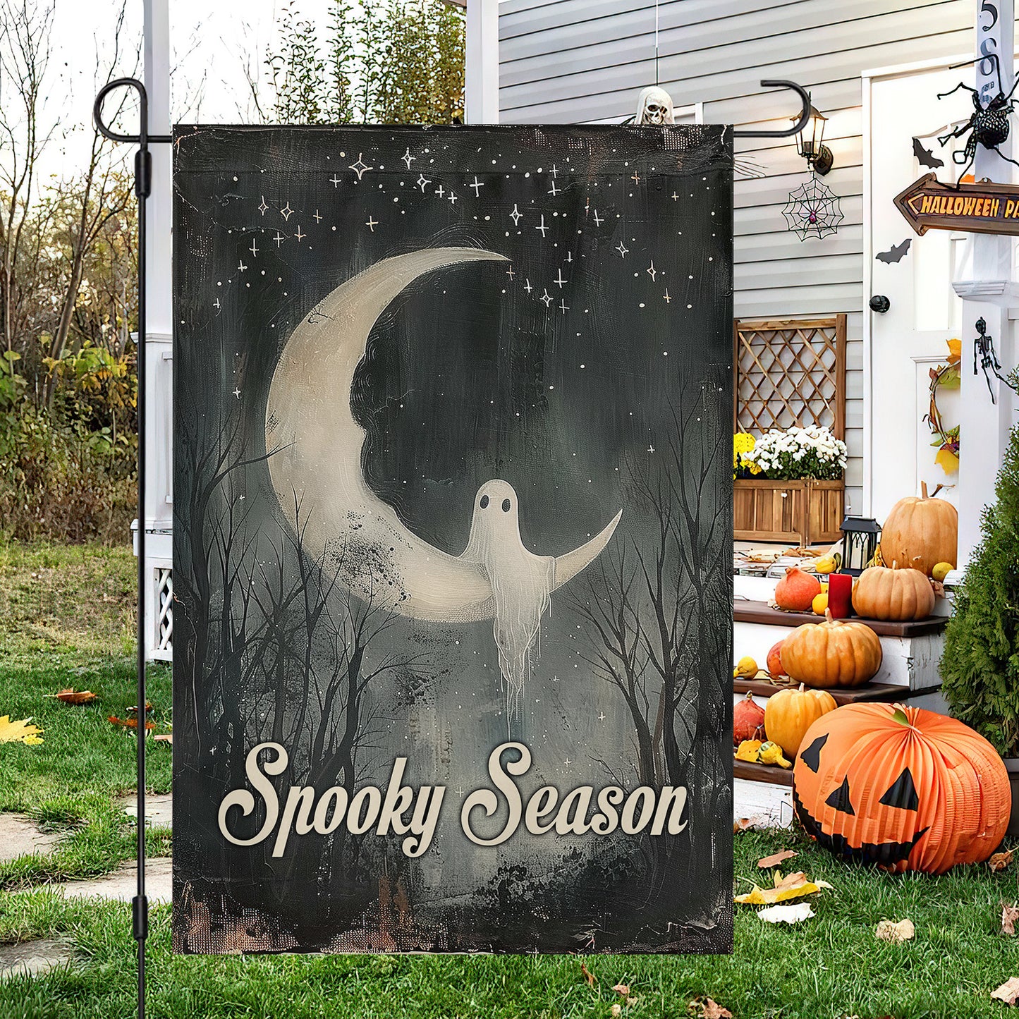 Vintage Halloween Spooky Season Ghost Garden & House Flag, Crescent Moon Yard Flag Gift For Ghost Lover