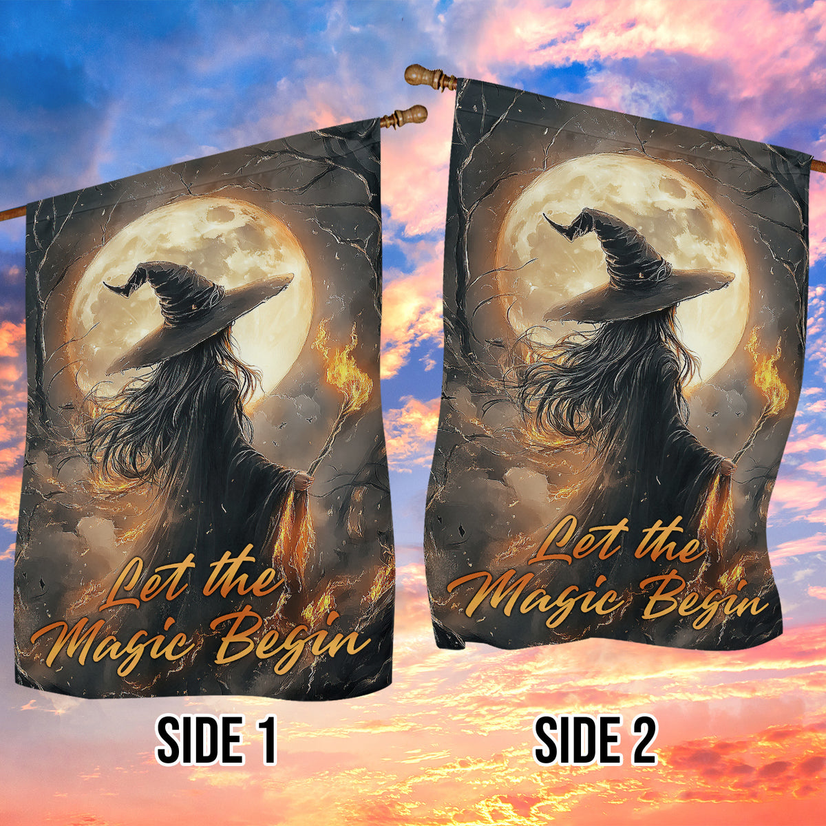Halloween Witch Full Moon Garden & House Flag, Let The Magic Begin Yard Flag Spooky Season Gift For Witch Lover
