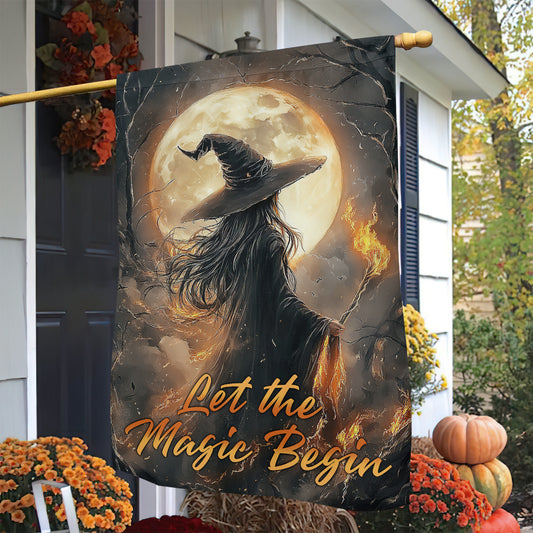 Halloween Witch Full Moon Garden & House Flag, Let The Magic Begin Yard Flag Spooky Season Gift For Witch Lover