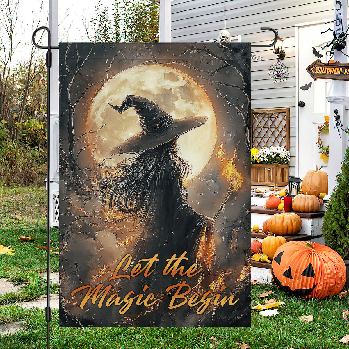 Halloween Witch Full Moon Garden & House Flag, Let The Magic Begin Yard Flag Spooky Season Gift For Witch Lover