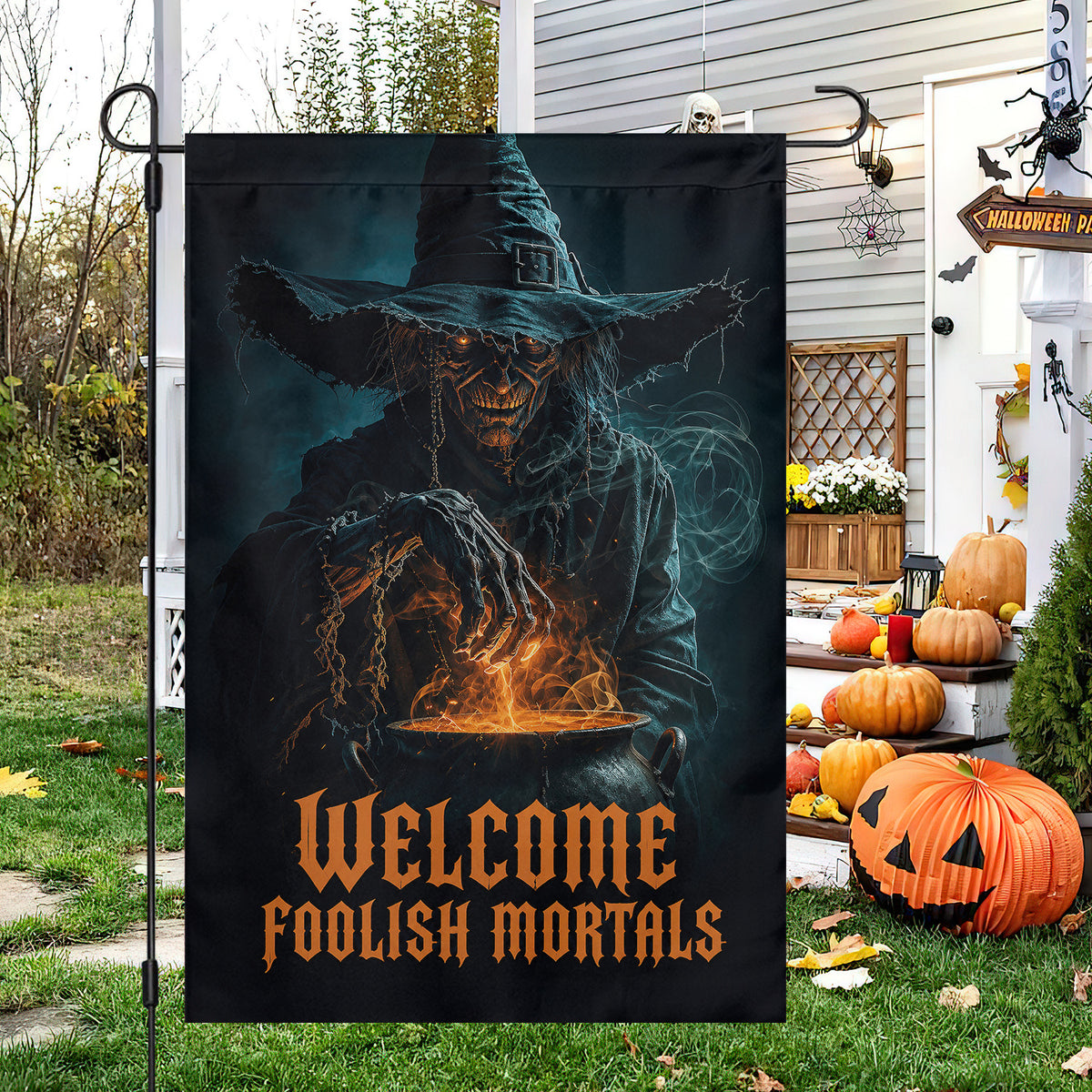 Halloween Scary Witch Garden & House Flag, Welcome Foolish Mortals Yard Flag Spooky Season Gift For Witch Lover