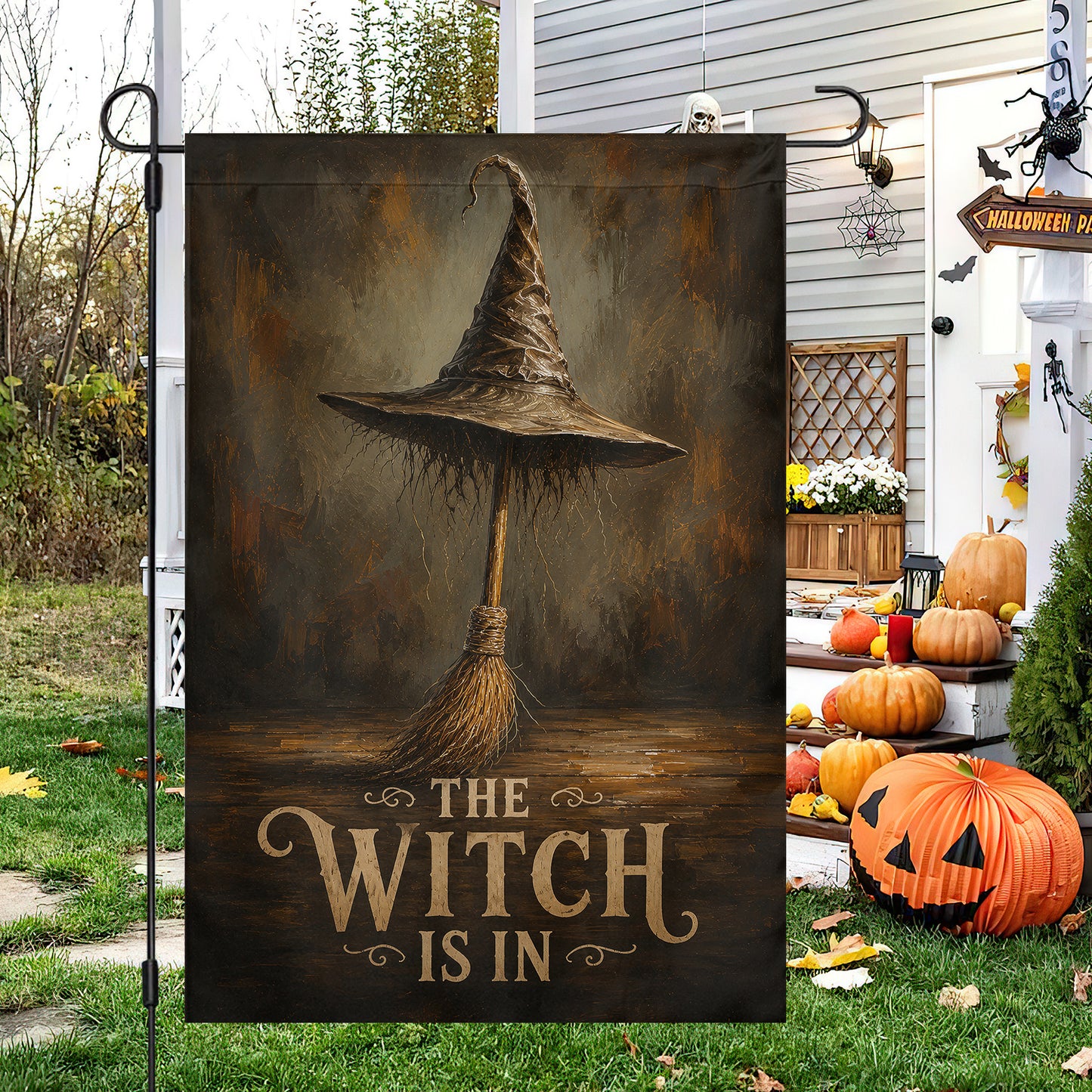 Halloween Witch Hat Garden & House Flag, The Witch Is In Yard Flag Spooky Season Gift For Witch Lover