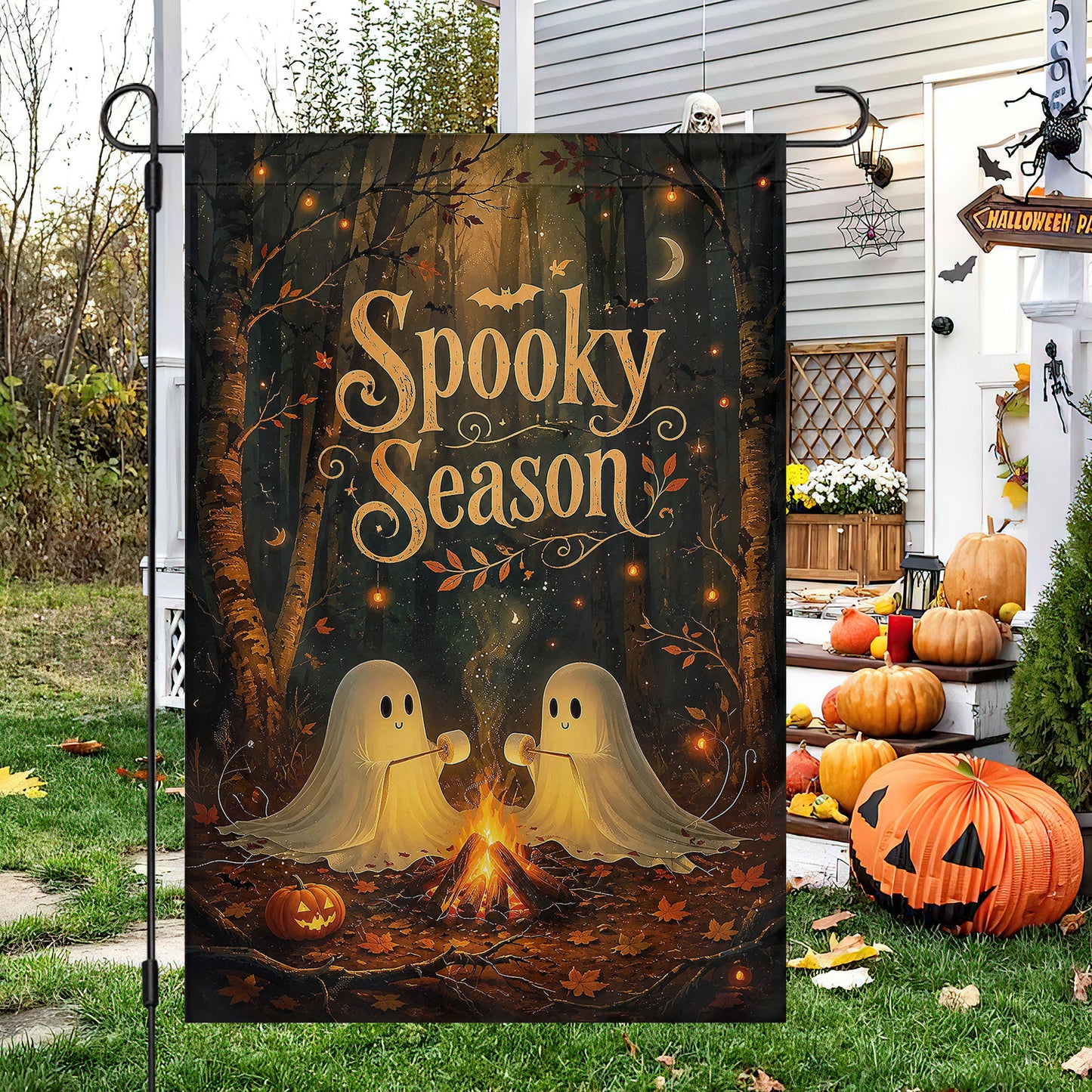 Vintage Halloween Ghost Garden & House Flag, Cute Ghost Campfire Yard Flag, Spooky Season Gift For Ghost Lover