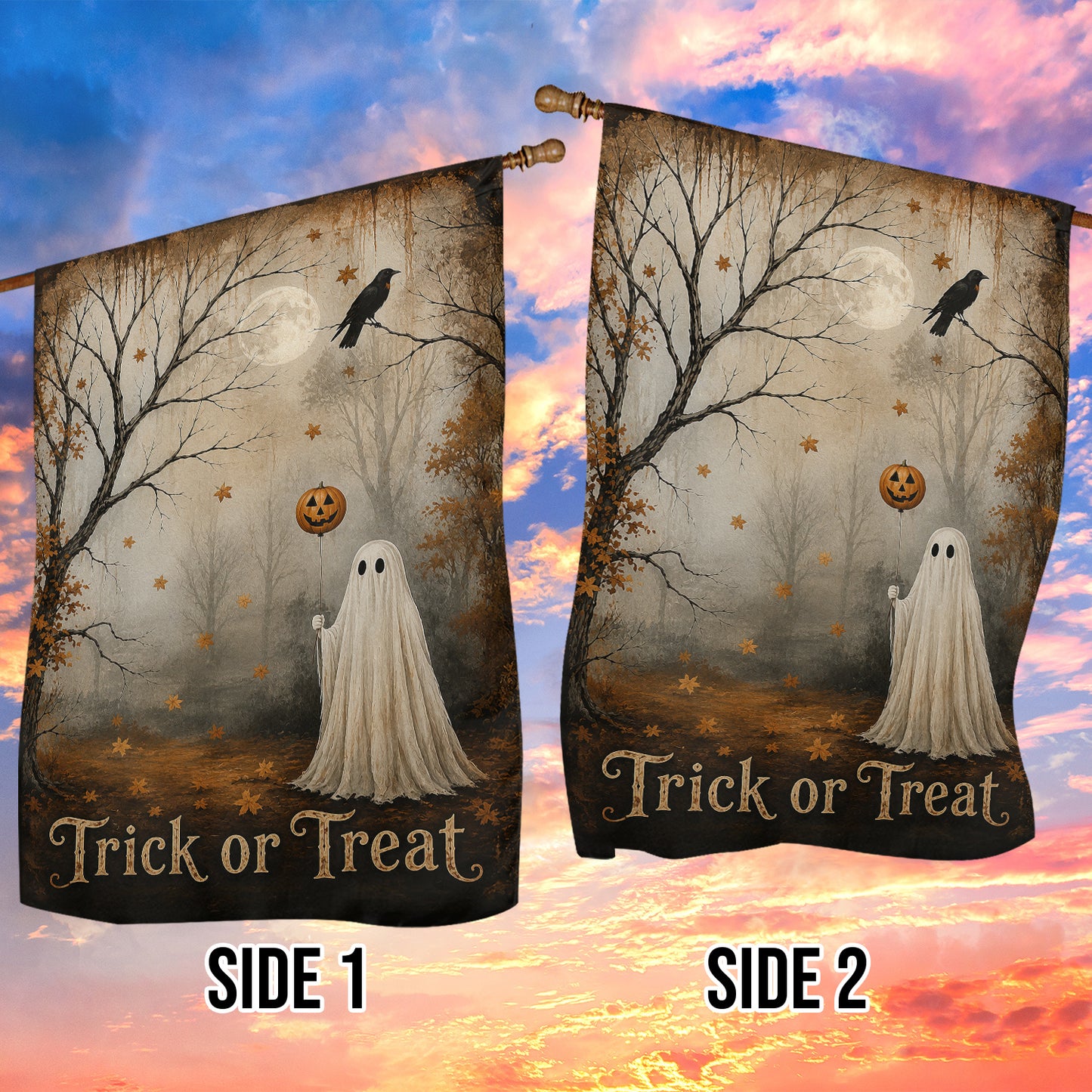 Vintage Halloween Ghost And Pumpkin Garden & House Flag, Trick Or Treat Yard Flag, Spooky Season Gift For Ghost Lover