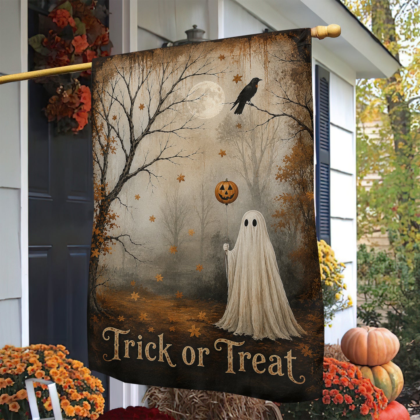 Vintage Halloween Ghost And Pumpkin Garden & House Flag, Trick Or Treat Yard Flag, Spooky Season Gift For Ghost Lover