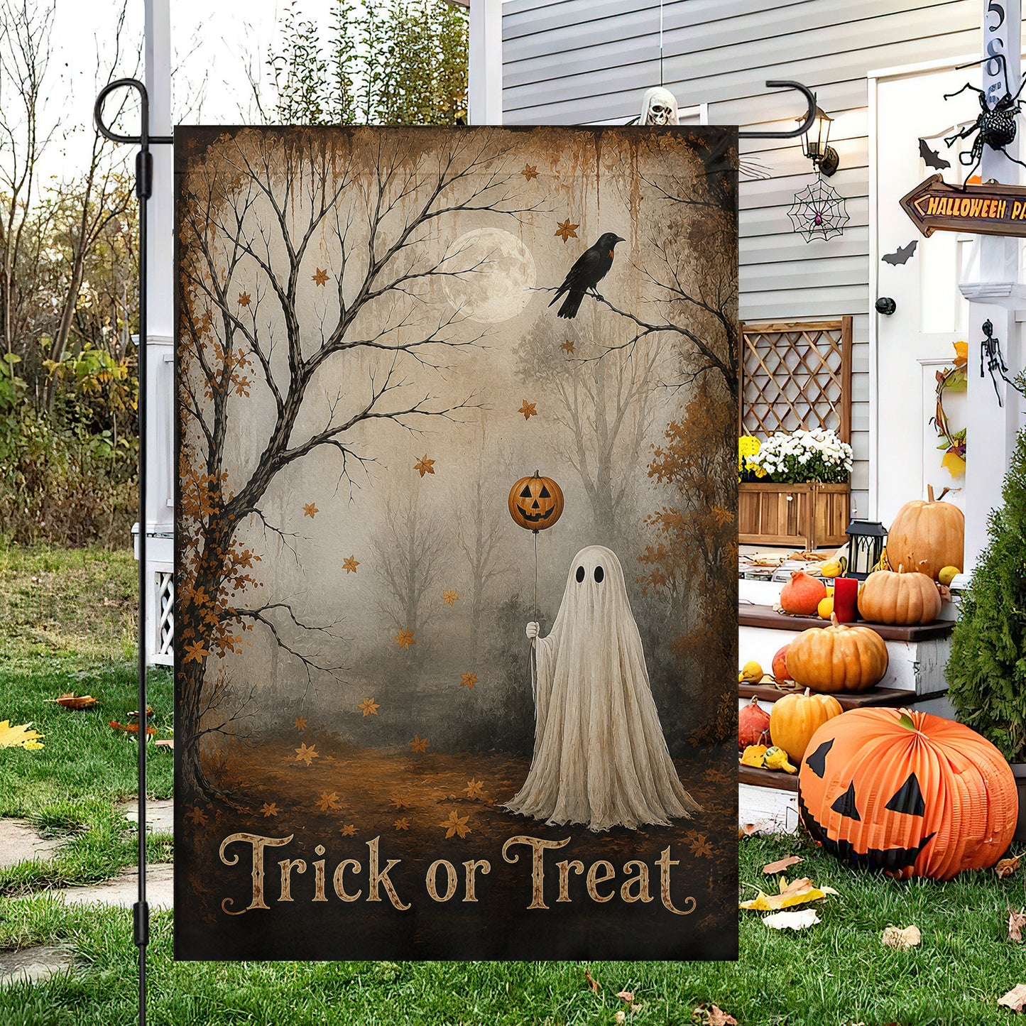 Vintage Halloween Ghost And Pumpkin Garden & House Flag, Trick Or Treat Yard Flag, Spooky Season Gift For Ghost Lover