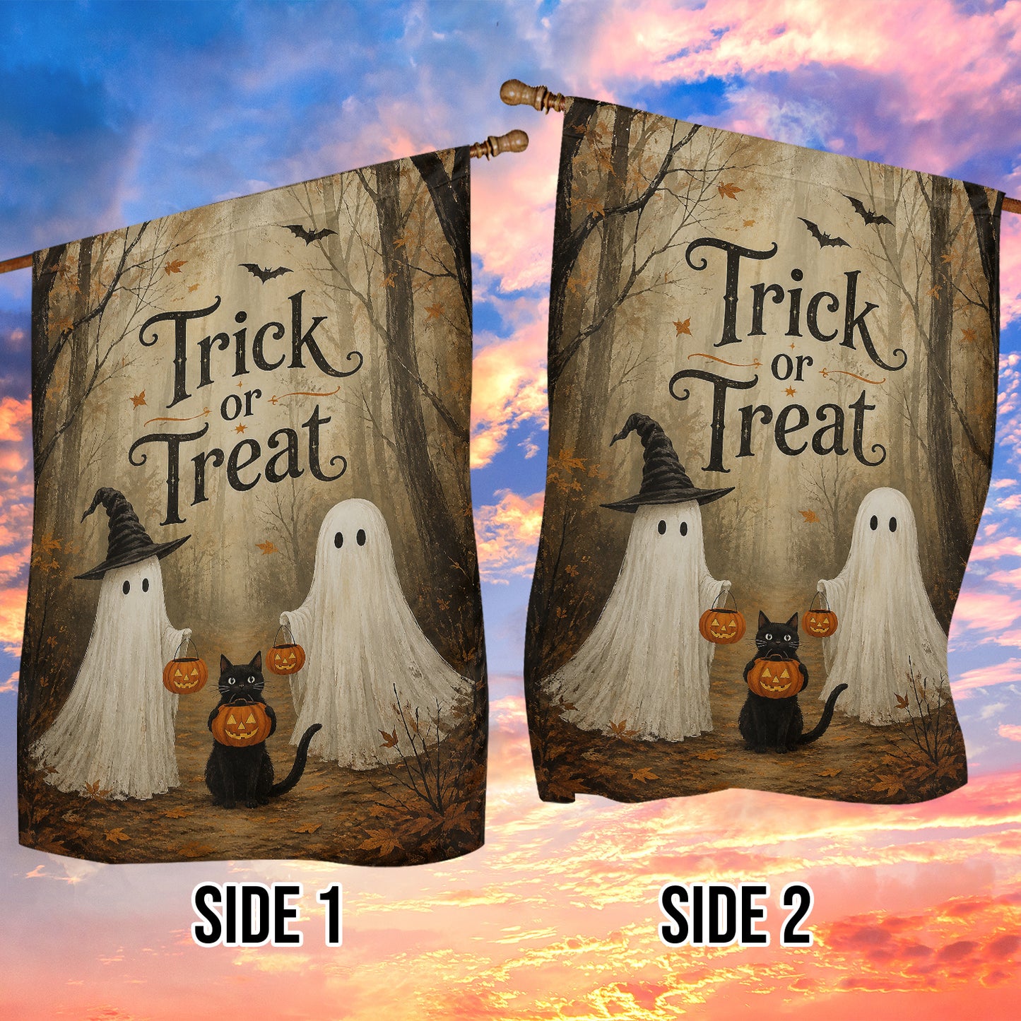 Vintage Halloween Ghost & Black Cat Garden & House Flag, Trick Or Treat Yard Flag, Spooky Season Gift For Ghost Lover