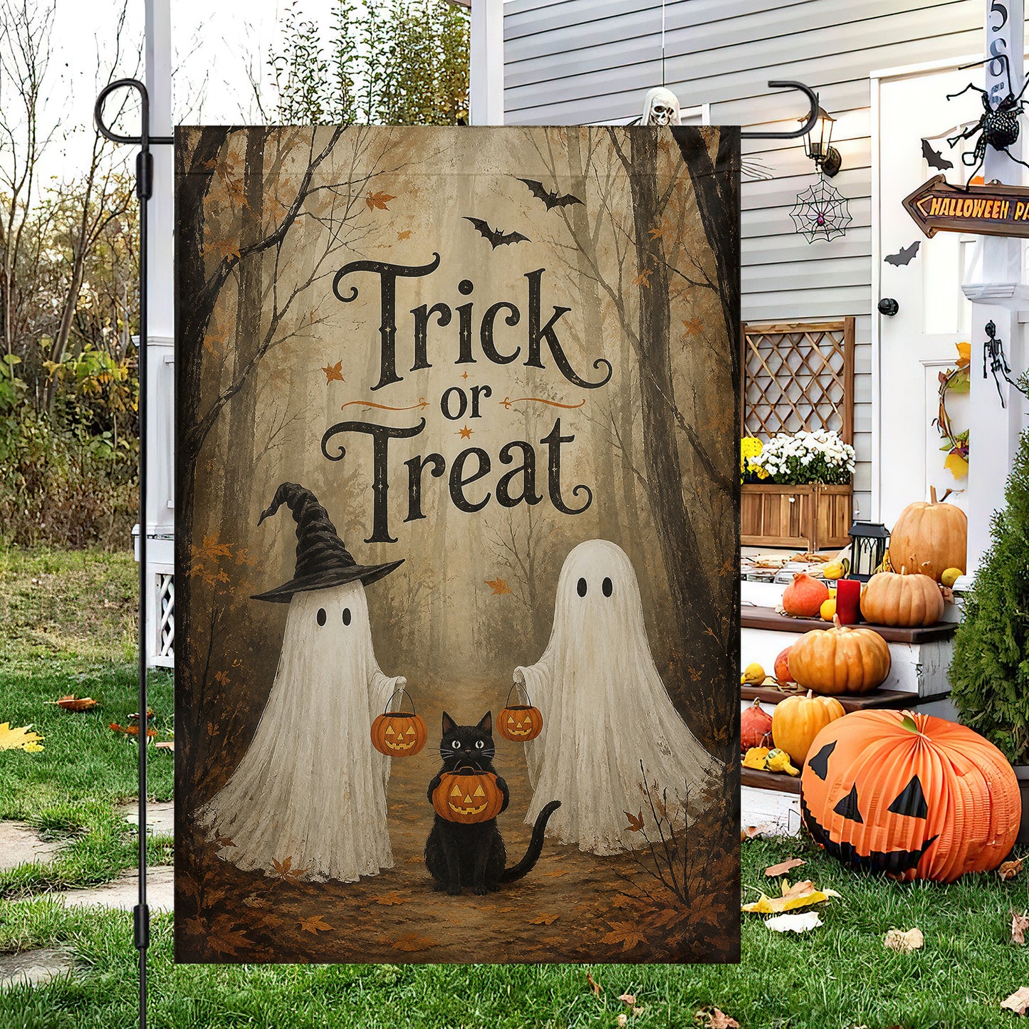 Vintage Halloween Ghost & Black Cat Garden & House Flag, Trick Or Treat Yard Flag, Spooky Season Gift For Ghost Lover