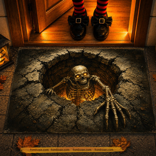Vintage Halloween Scary Skeleton Doormat, Glowing Eyes Skeleton Pit Welcome Doormat For Home Decor Housewarming Spooky Season Gift For Skeleton Lover