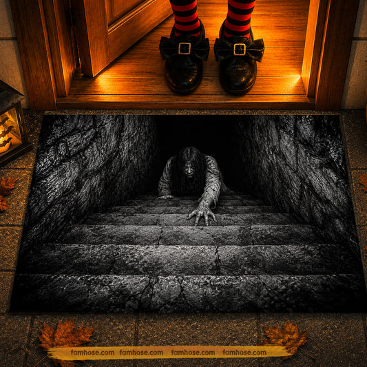 Vintage Scary Halloween Doormat, Creepy Girl Crawling Stairs Welcome Doormat For Home Decor Housewarming Spooky Season Gift