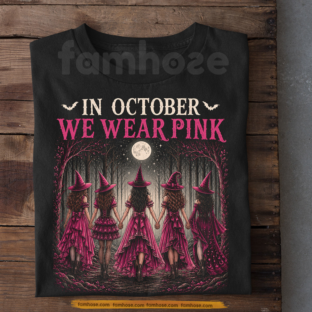 Pink Halloween & Breast Cancer Awareness T-shirt, In October We Wear Pink Ribbon Tees Spooky Season Gift For Witch Lover