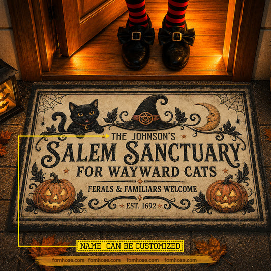 Vintage Personalized Halloween Salem Cat Doormat, Salem Sanctuary For Wayward Cats Welcome Doormat For Home Decor Housewarming Spooky Season Gift For Family, Cat Lover