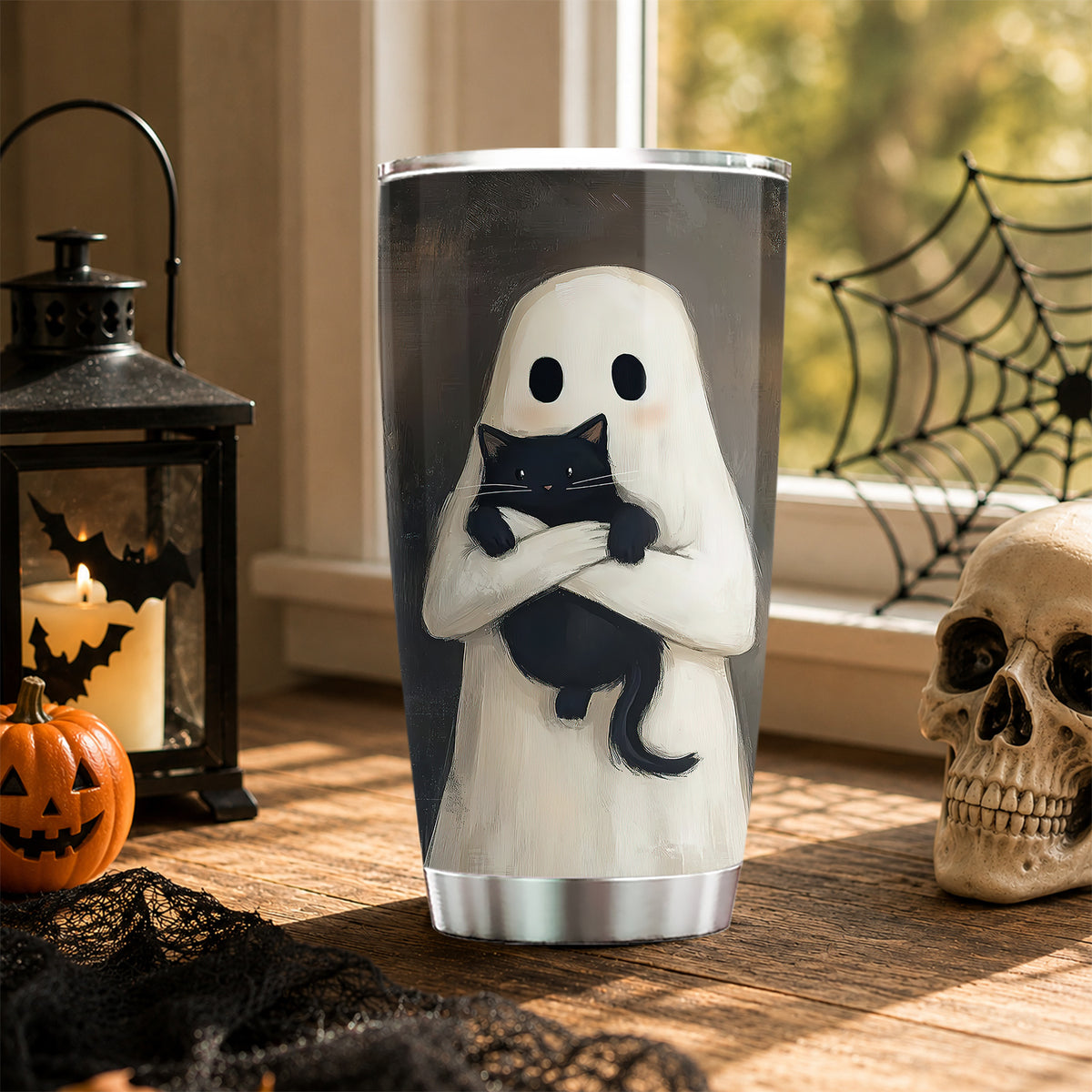 Cute Halloween Ghost And Black Cat Tumbler, My Boo Has Whiskers, Spooky Season Stainless Steel Tumbler, Travel Mug Tumblers Gift For Cat Lover